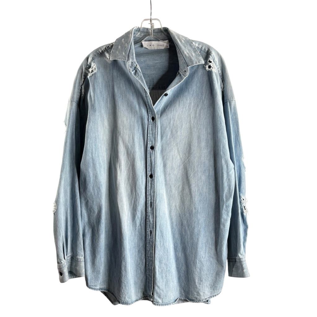 Iro Jeans Light Blue Distressed Denim Button-Down Shirt $219